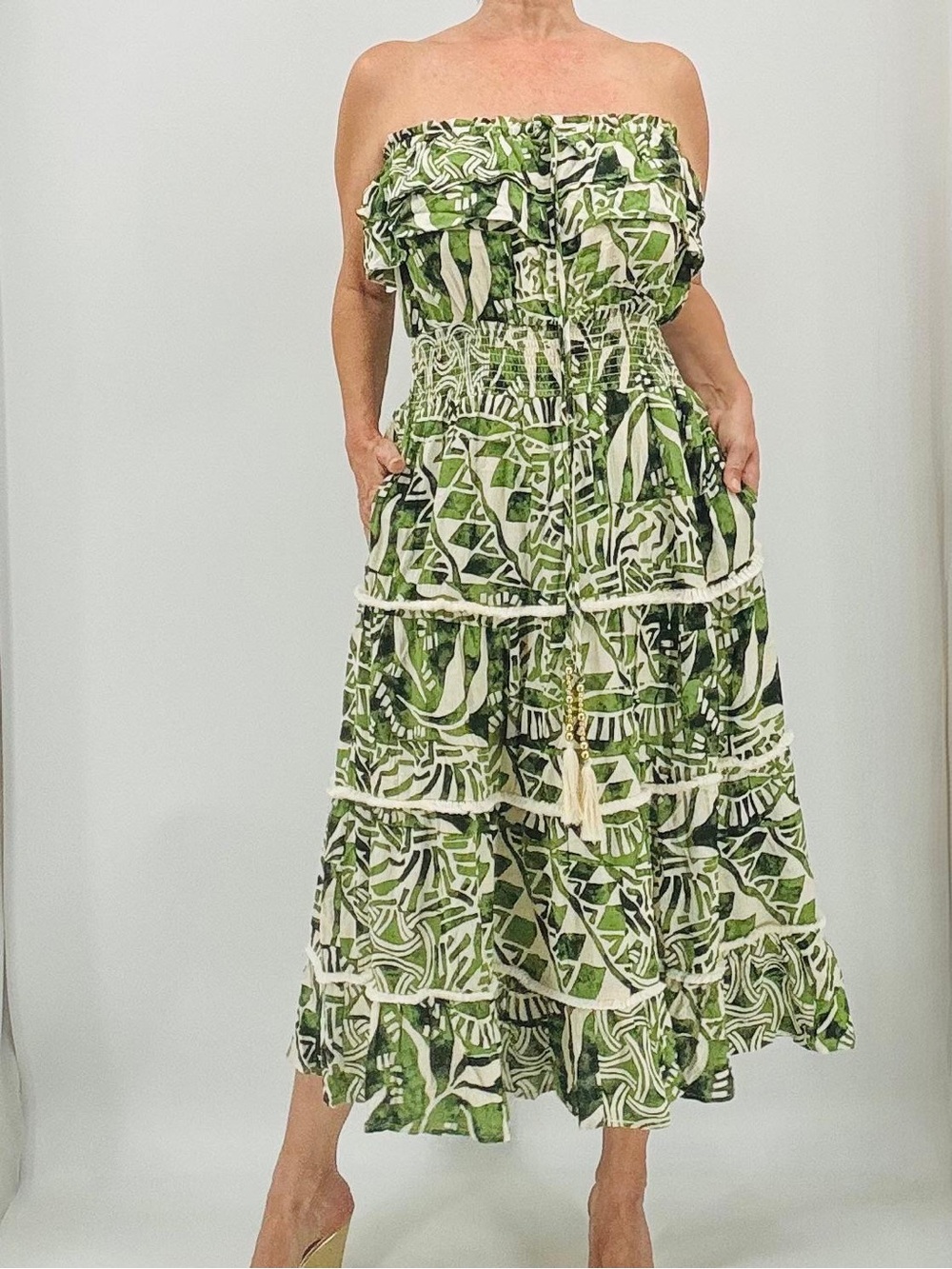 Vintage 90s Dotti Australian Boho Tropical Vacation Summer Strapless Maxi Dress